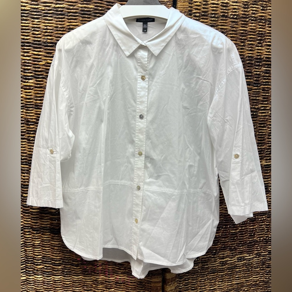 Eileen Fisher White Shirt- Organic Cotton Blend- Size: Large